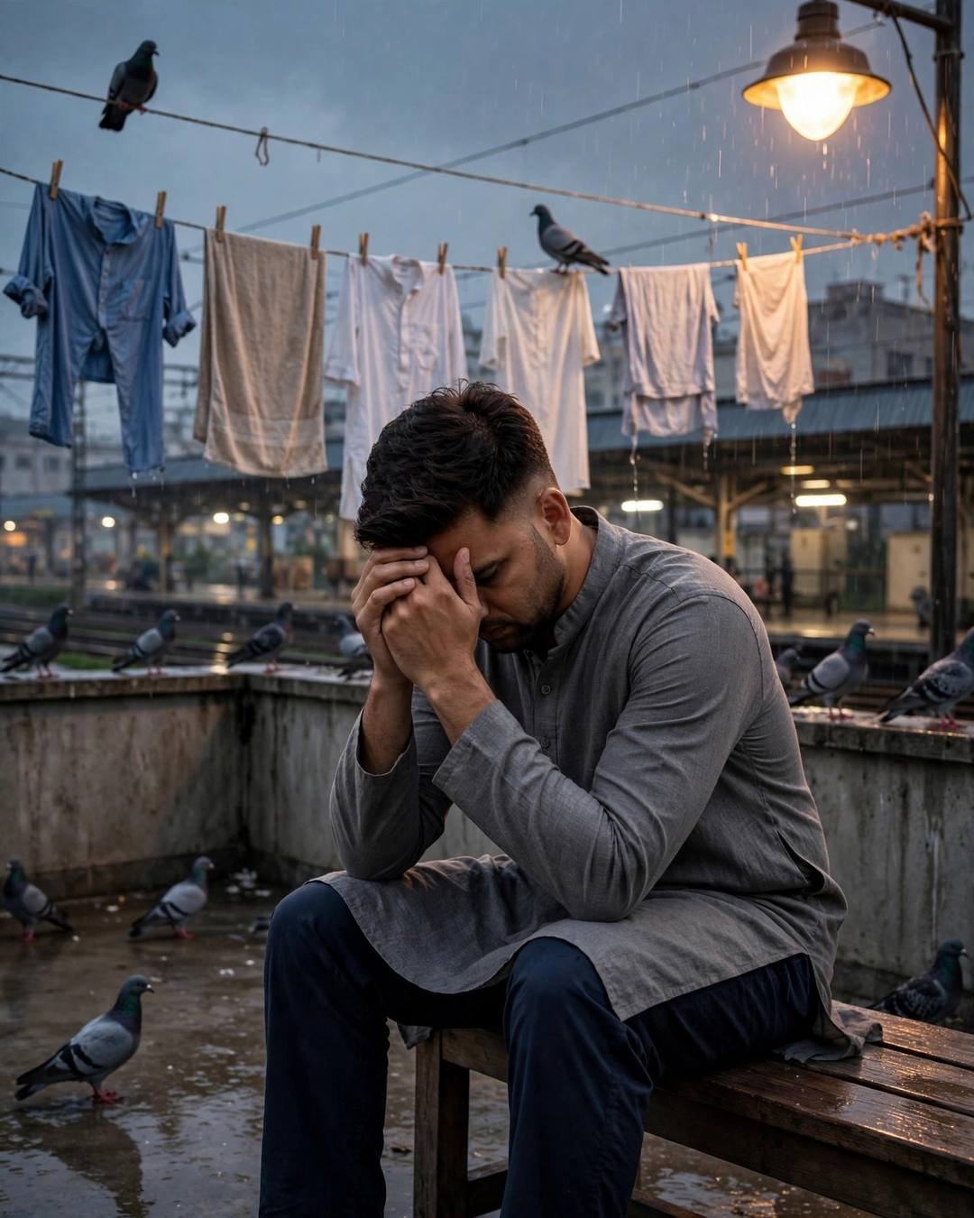 Young Indian man in grey kurta sitting beside his sleeping grandmother at dusk