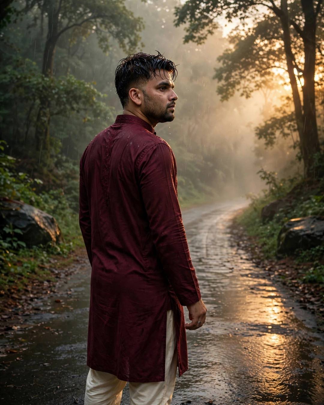 Young Indian man in maroon kurta looking over his shoulder on a misty forest path