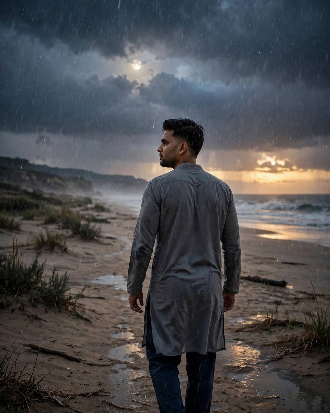 Young Indian man in grey kurta on a deserted beach at dusk in monsoon rain