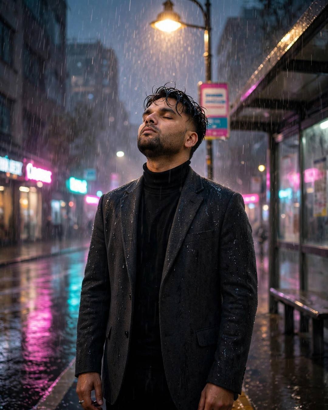 Young Indian man in charcoal blazer at a rainy bus stop under a streetlamp