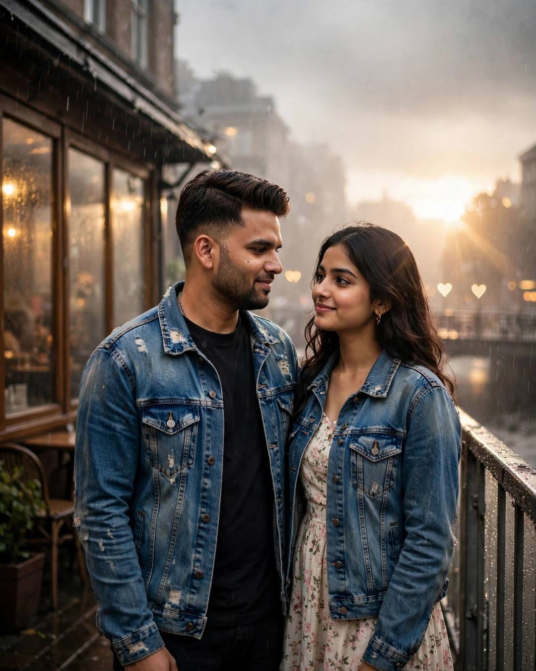 Young Indian couple holding each other on a bridge at golden hour