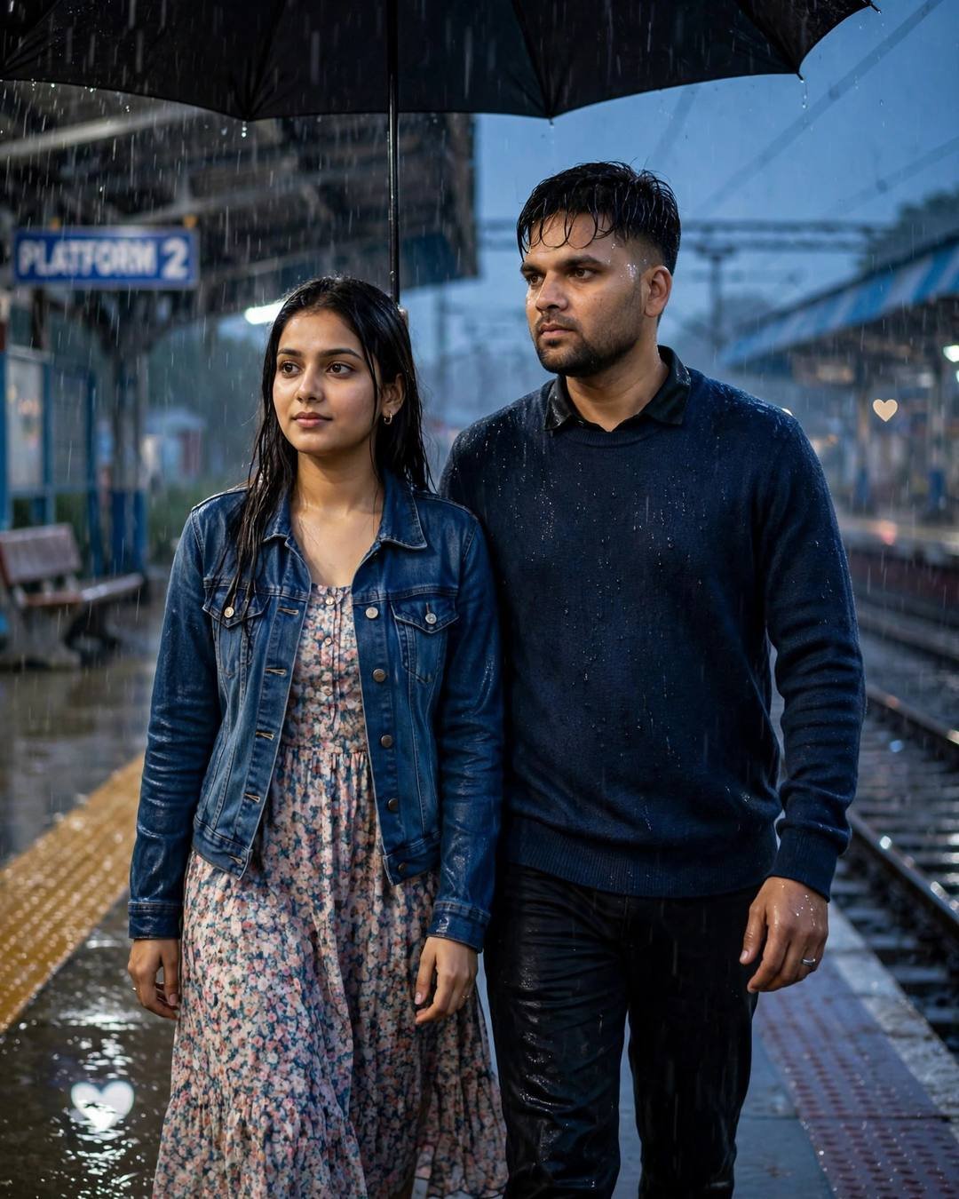 Young Indian couple under one umbrella on a rainy railway platform at night