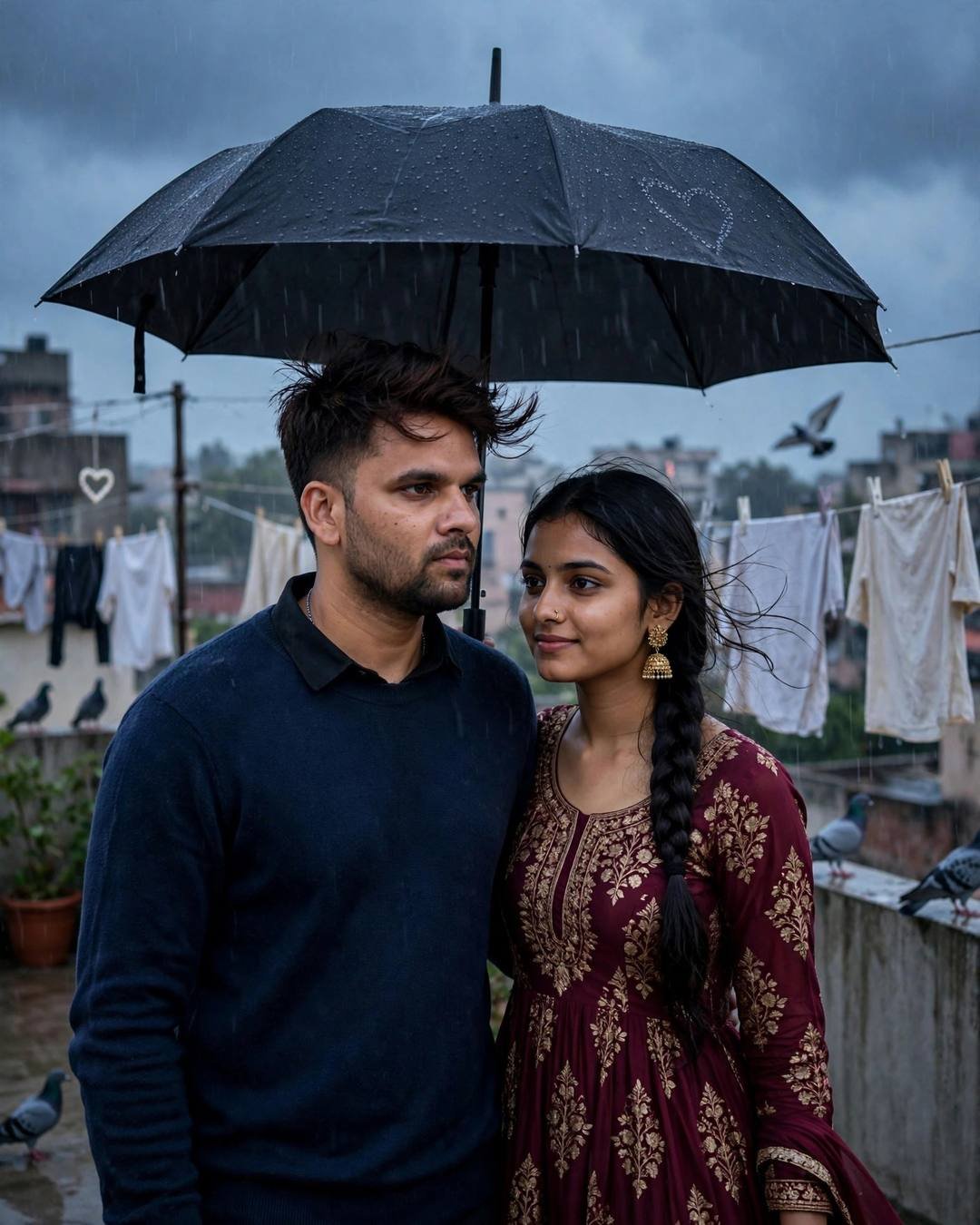 Young Indian couple under an umbrella on a rainy terrace with pigeons