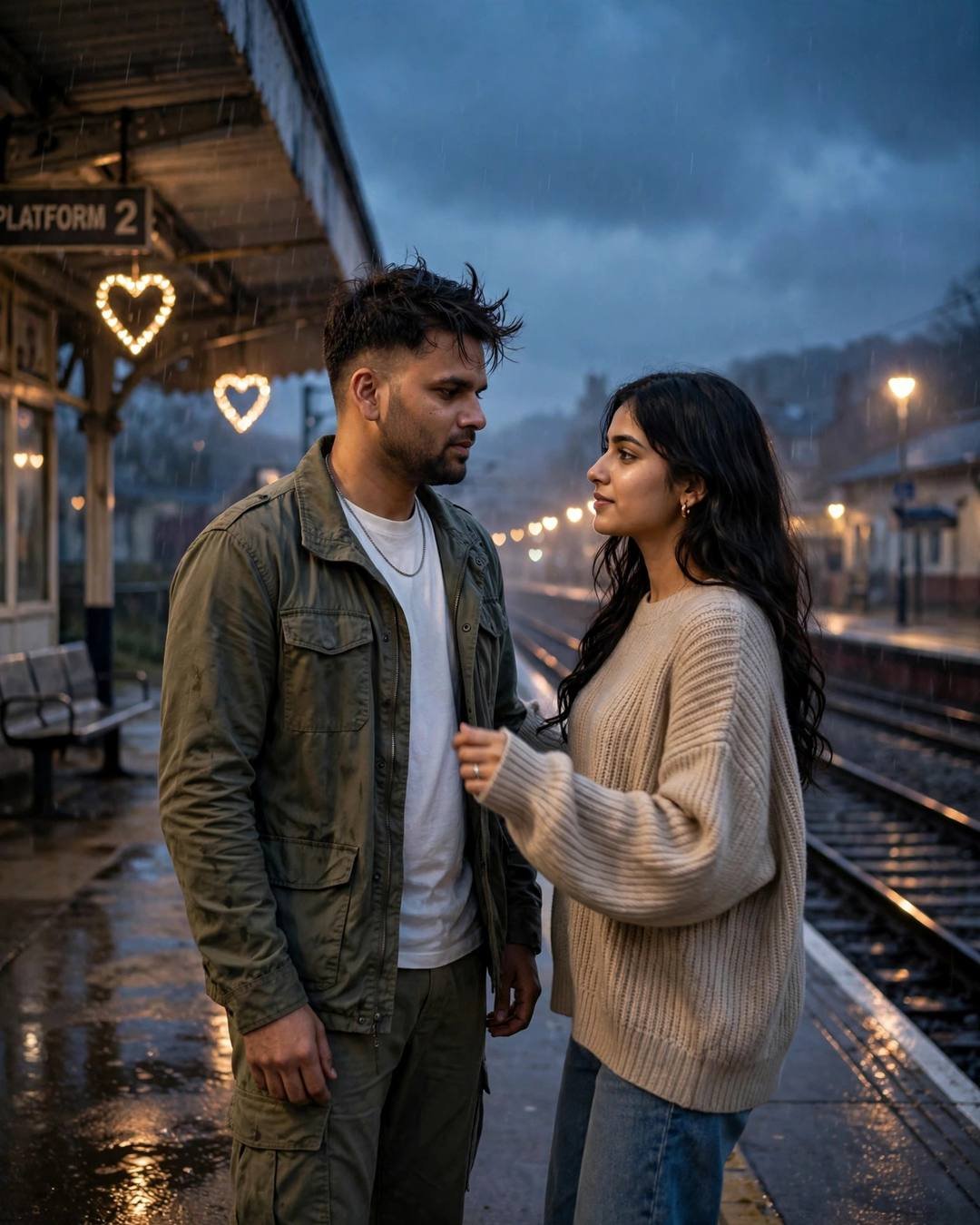 Young Indian couple slow-dancing on a rainy railway platform at night