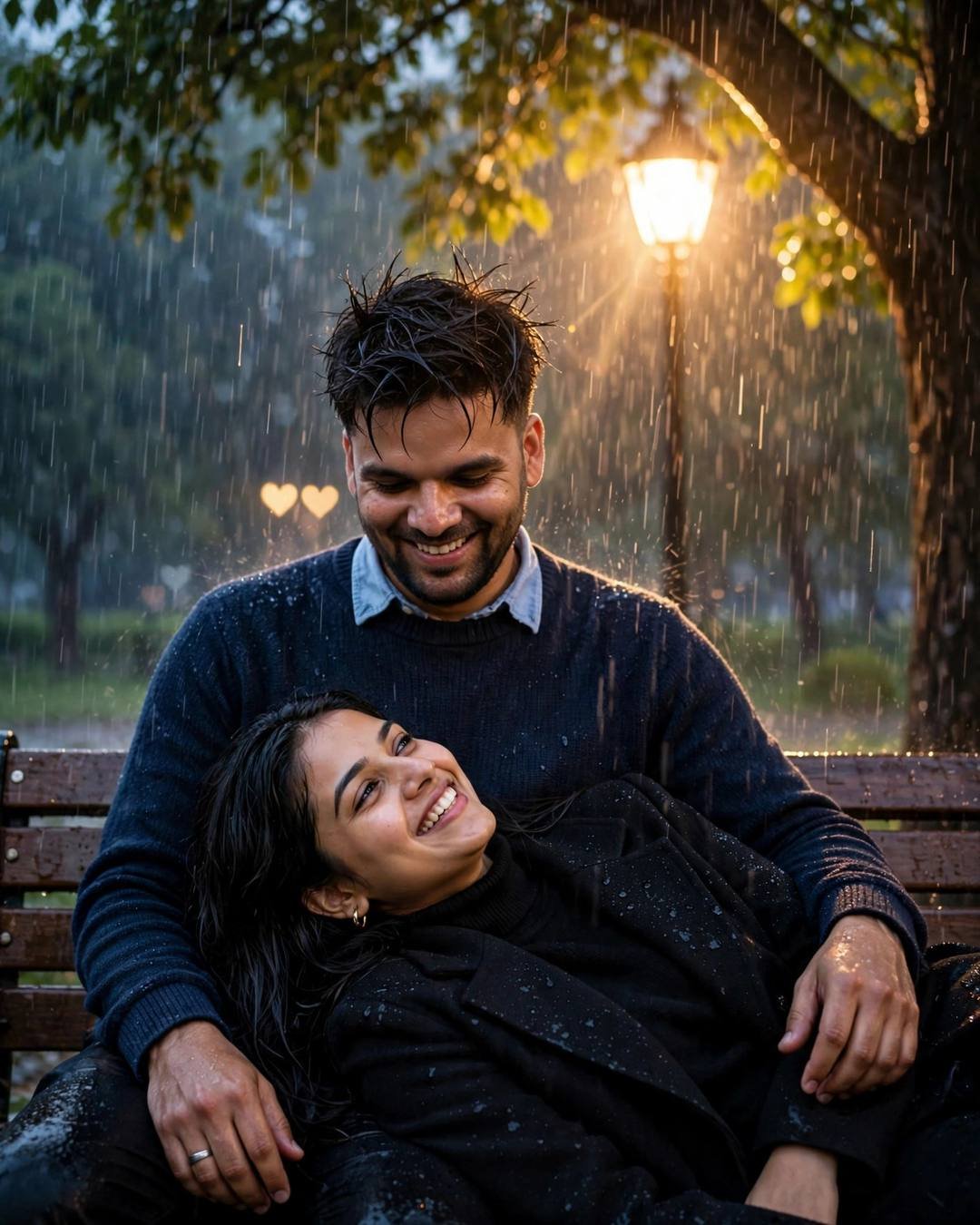 Young Indian couple laughing on a rainy park bench, her head in his lap