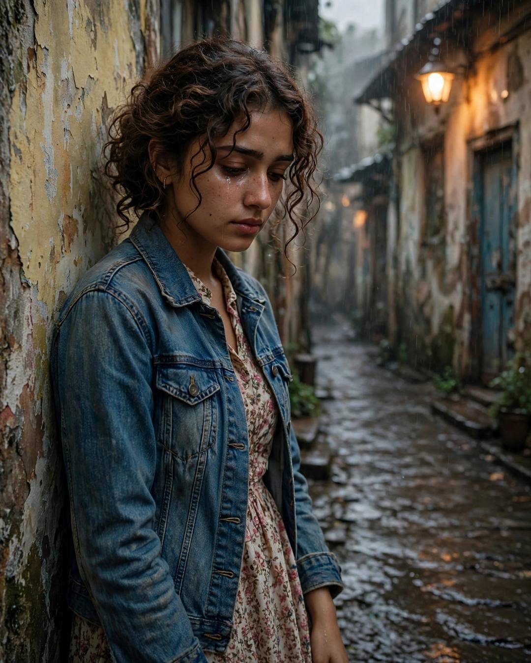 Young Indian woman in denim jacket leaning against a weathered wall, tear on cheek