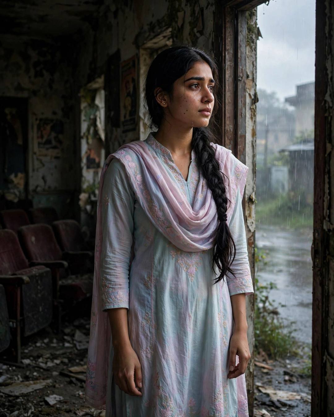 Young Indian woman in pastel salwar-kameez in a doorway with marigolds