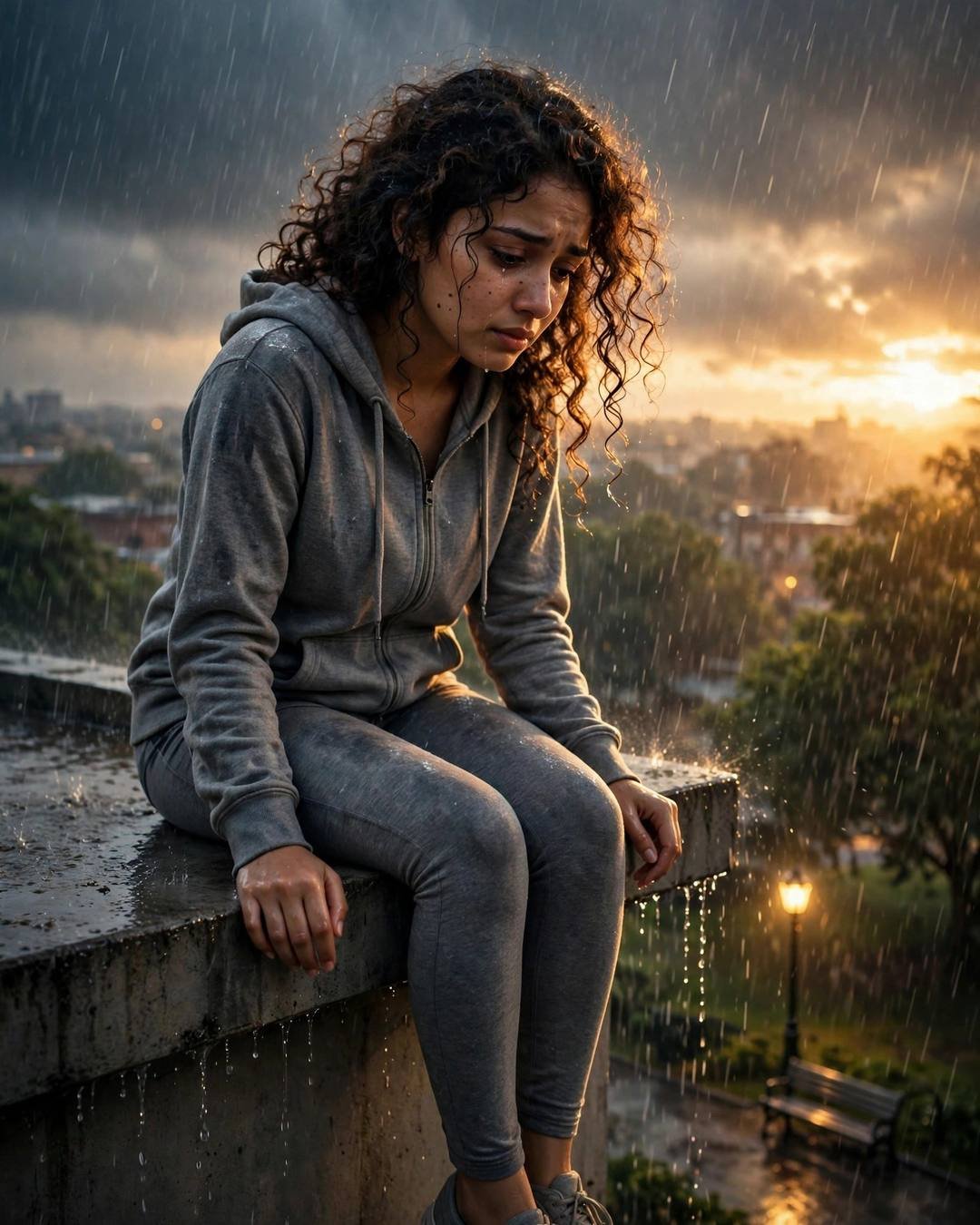 Young Indian woman in grey hoodie holding bangles on a rainy rooftop ledge