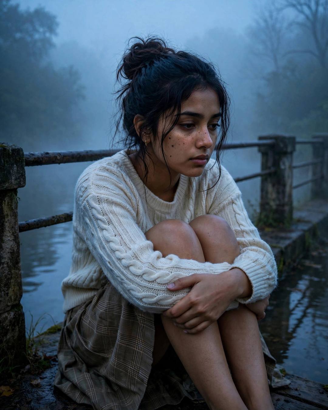 Young Indian woman in a cream knit top and plaid skirt sitting with knees drawn up on a foggy bridge over a river at blue hour