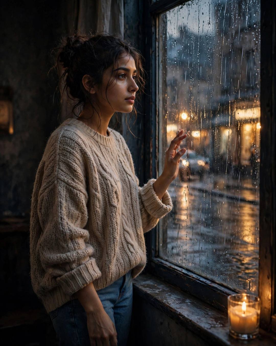 Young Indian woman in an oversized beige sweater standing at a rain-streaked window at golden hour, hand on the glass, candle on the sill