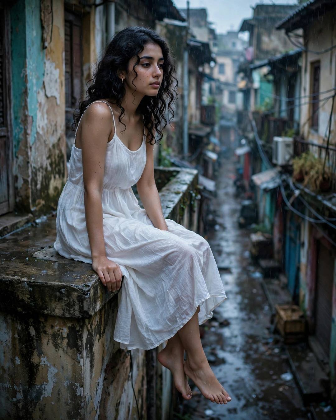 Young Indian woman in a flowing white summer dress sitting on a rooftop ledge with legs dangling above a narrow old-city lane in the drizzle