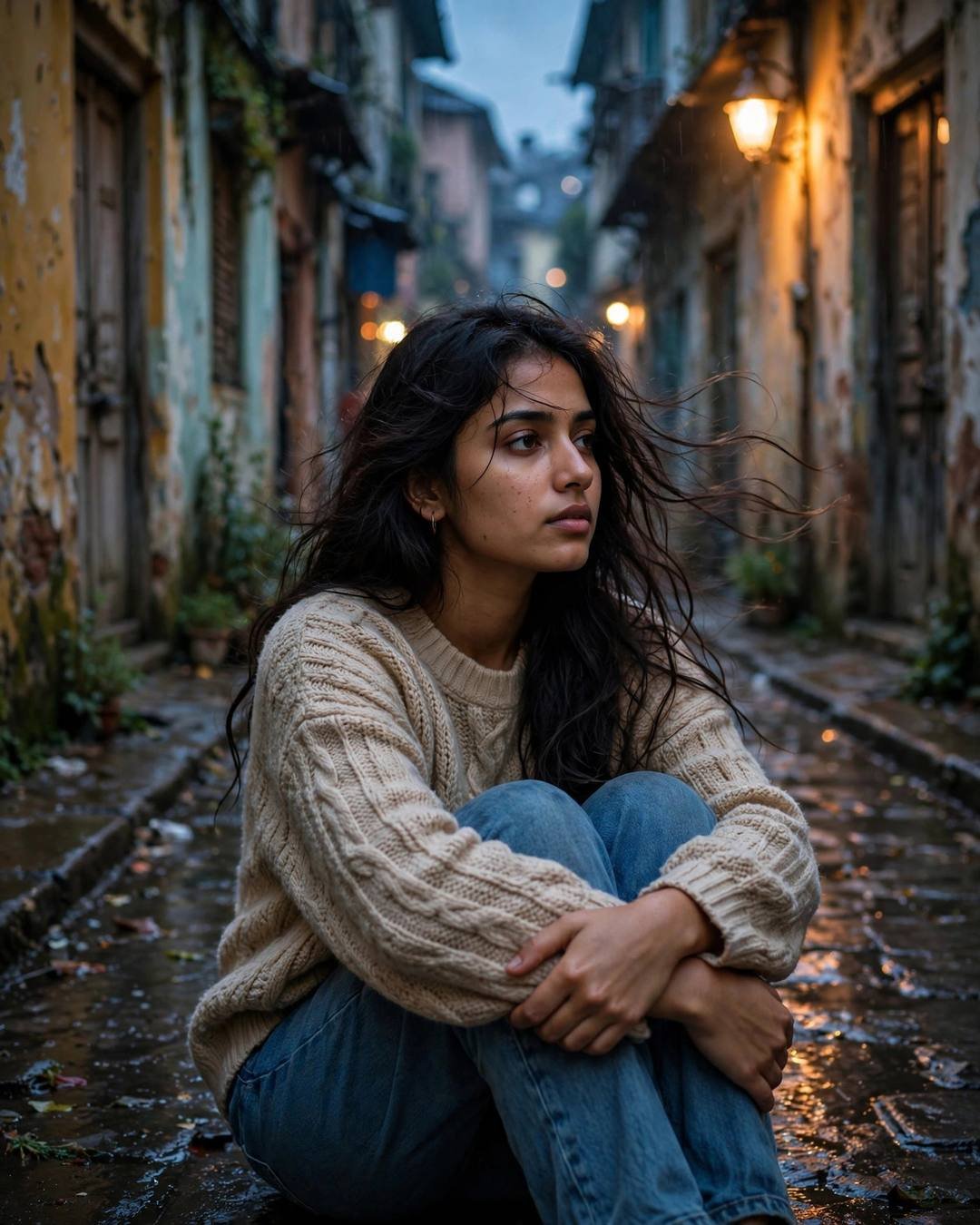Young Indian woman in an oversized beige sweater and jeans sitting with knees drawn up in a rain-washed old-city lane at blue hour with streetlamp glow