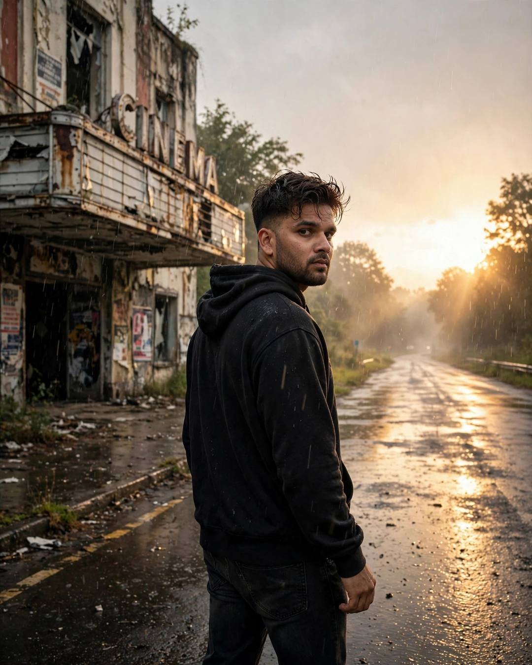 Man in black hoodie walking away past an abandoned cinema, looking back over his shoulder