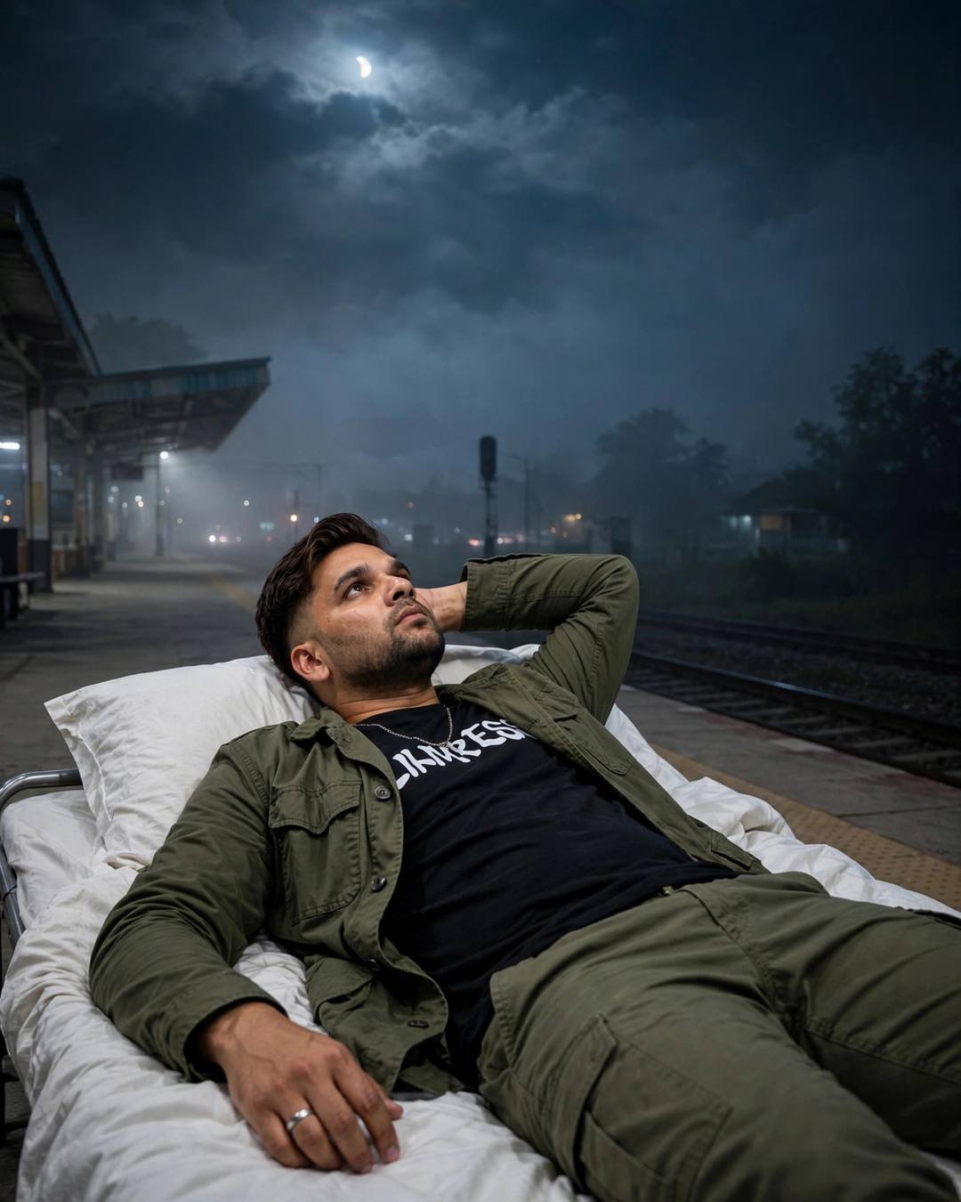 Man in olive field jacket lying on a white bed on an empty midnight railway platform, gazing at the moon