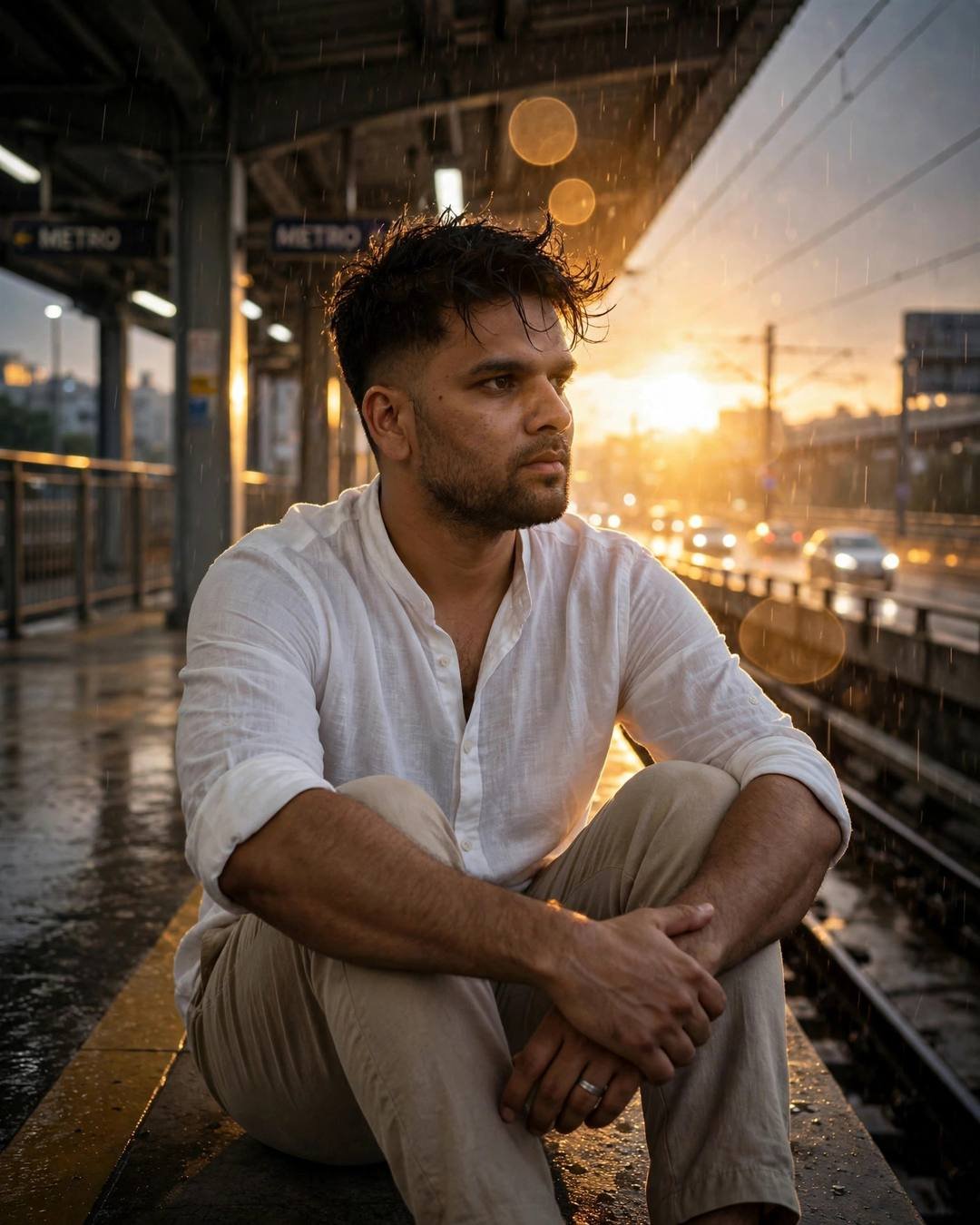 Man in white linen shirt sitting with knees drawn up on a metro platform in golden-hour rain