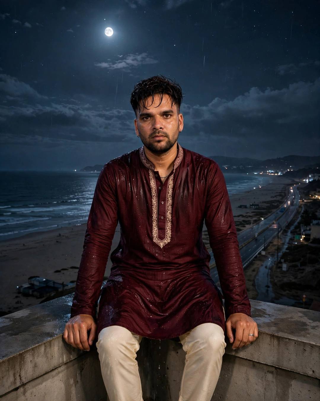 Man in maroon kurta sitting on a wet rooftop ledge at midnight above a moonlit sea