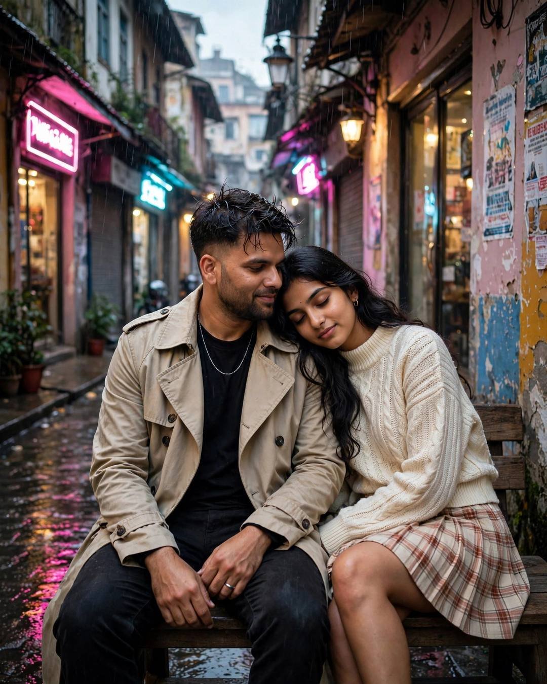 Young couple on a bench in a rainy neon-lit old-city lane, her head resting on his shoulder