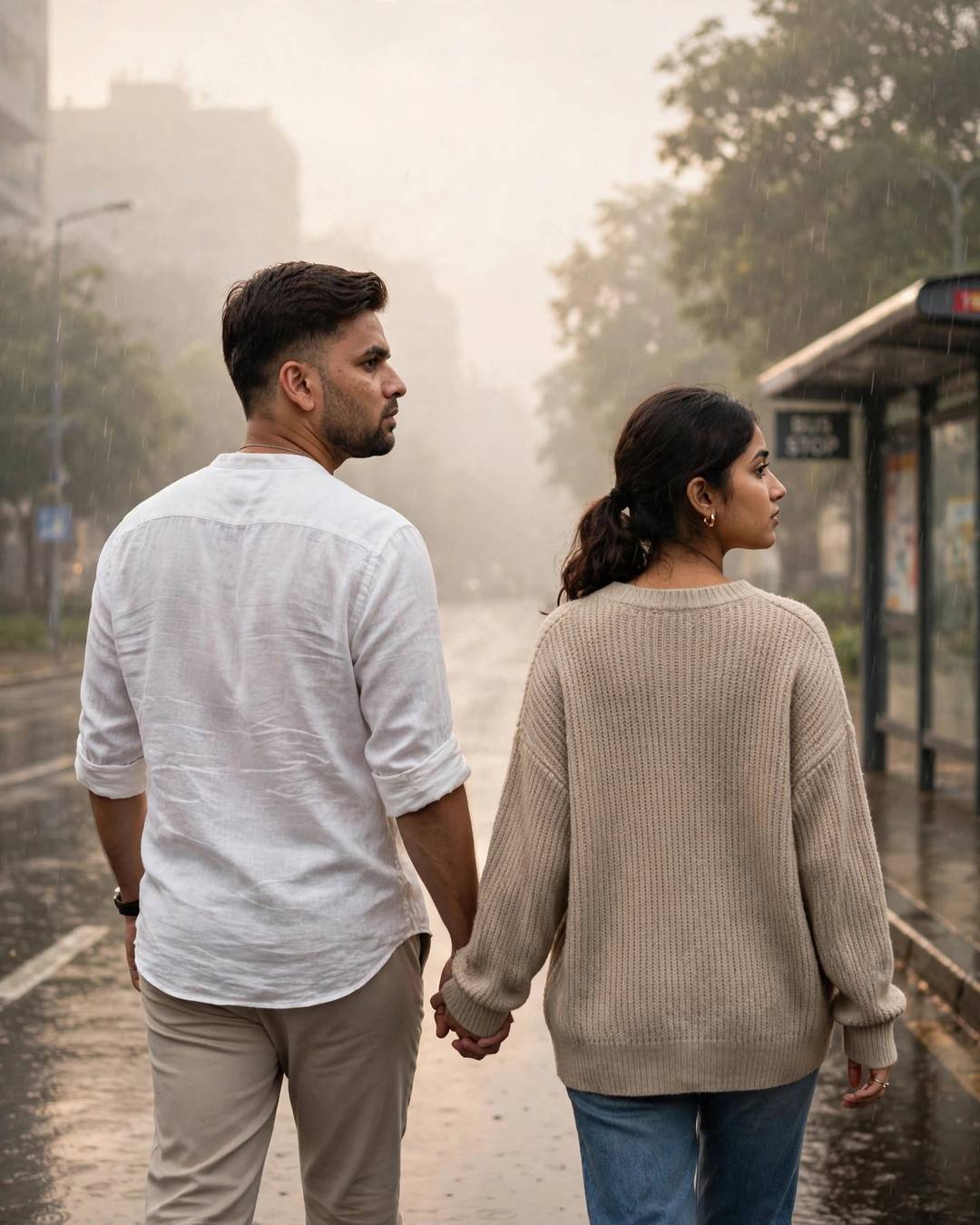 Couple walking hand in hand away into golden fog beside a rainy bus stop