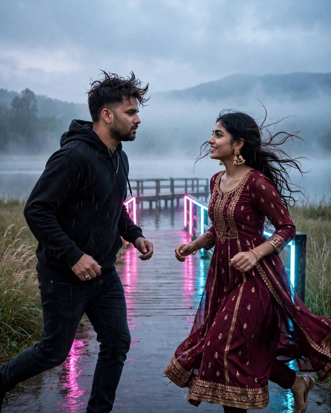 Couple running toward each other across a wet boardwalk by a misty lake at blue hour, neon reflections glowing