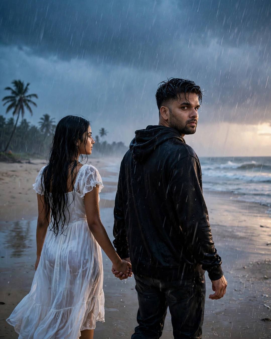Couple walking hand in hand through heavy rain on a deserted beach at dusk, he glancing back