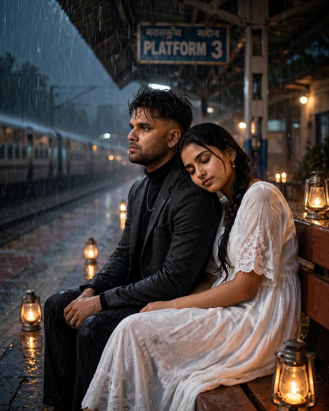 Couple sitting close on a bench at a rainy night railway platform, her head resting on his shoulder, hurricane lanterns glowing in the darkness