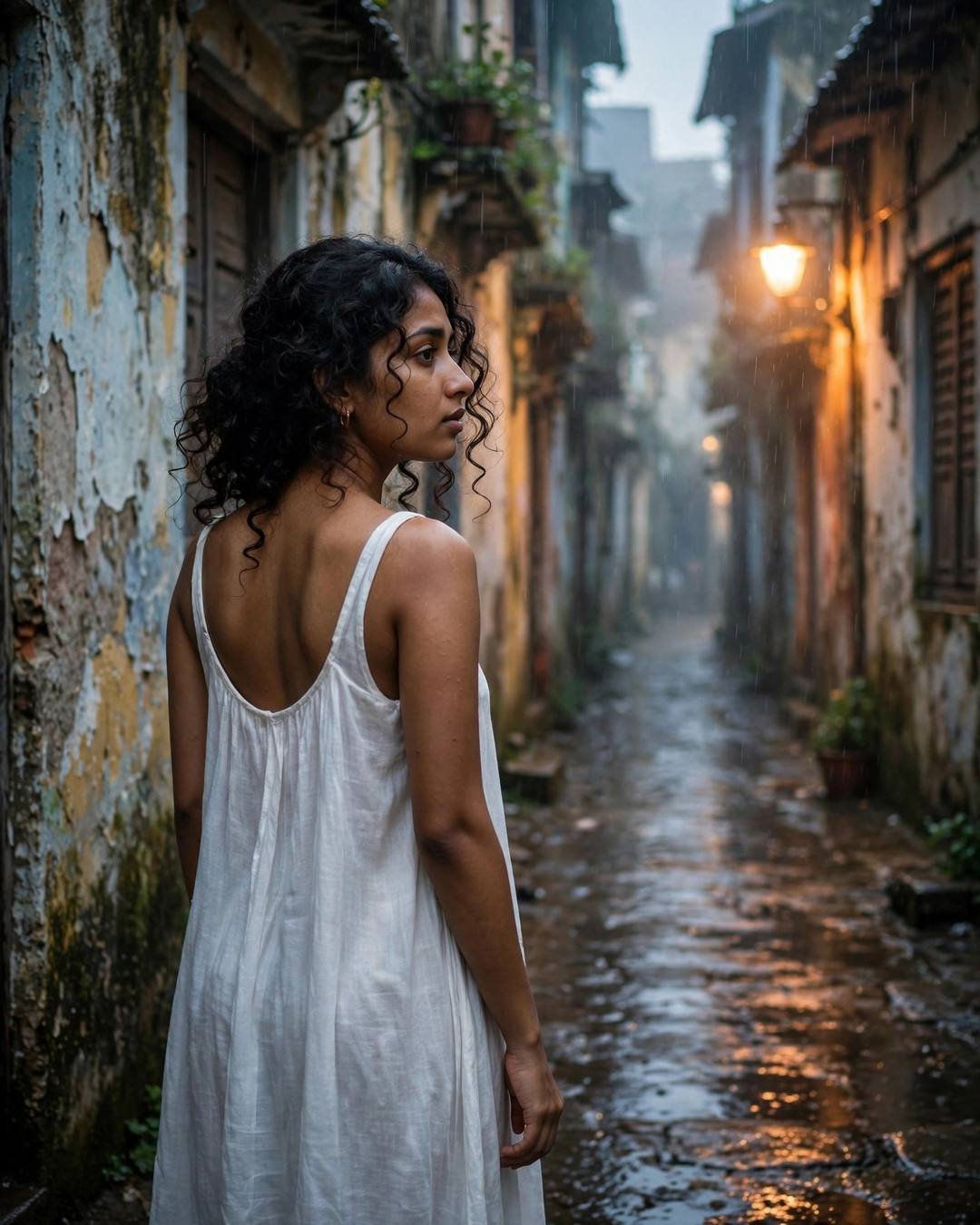 A young Indian woman in a flowing white dress glances back over her shoulder down a narrow rain-wet old-city lane at dawn, warm sodium streetlamp glowing through the drizzle.