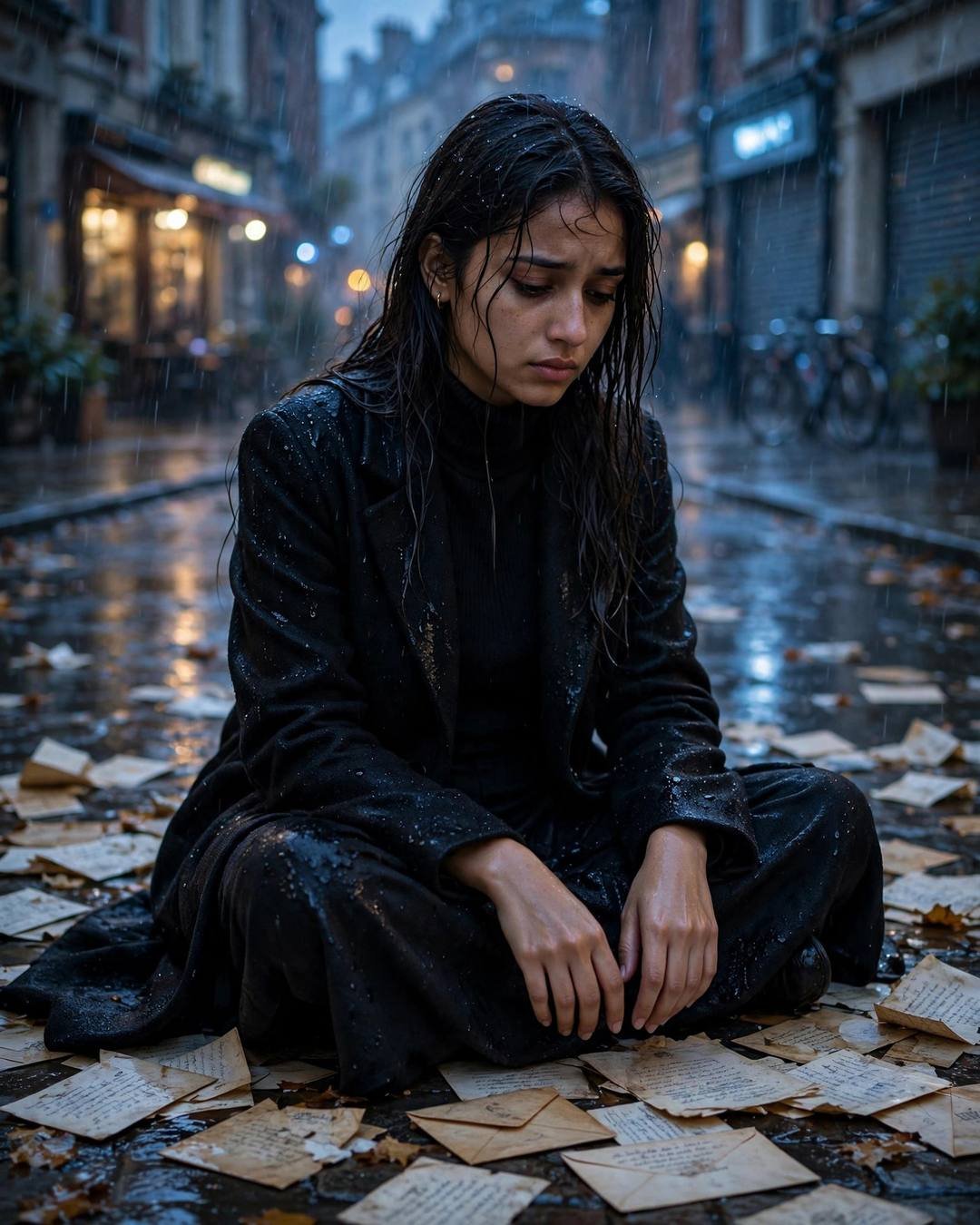 A young Indian woman in a black coat sits cross-legged on a rain-soaked city street at blue hour, surrounded by scattered old love letters, gaze lowered.