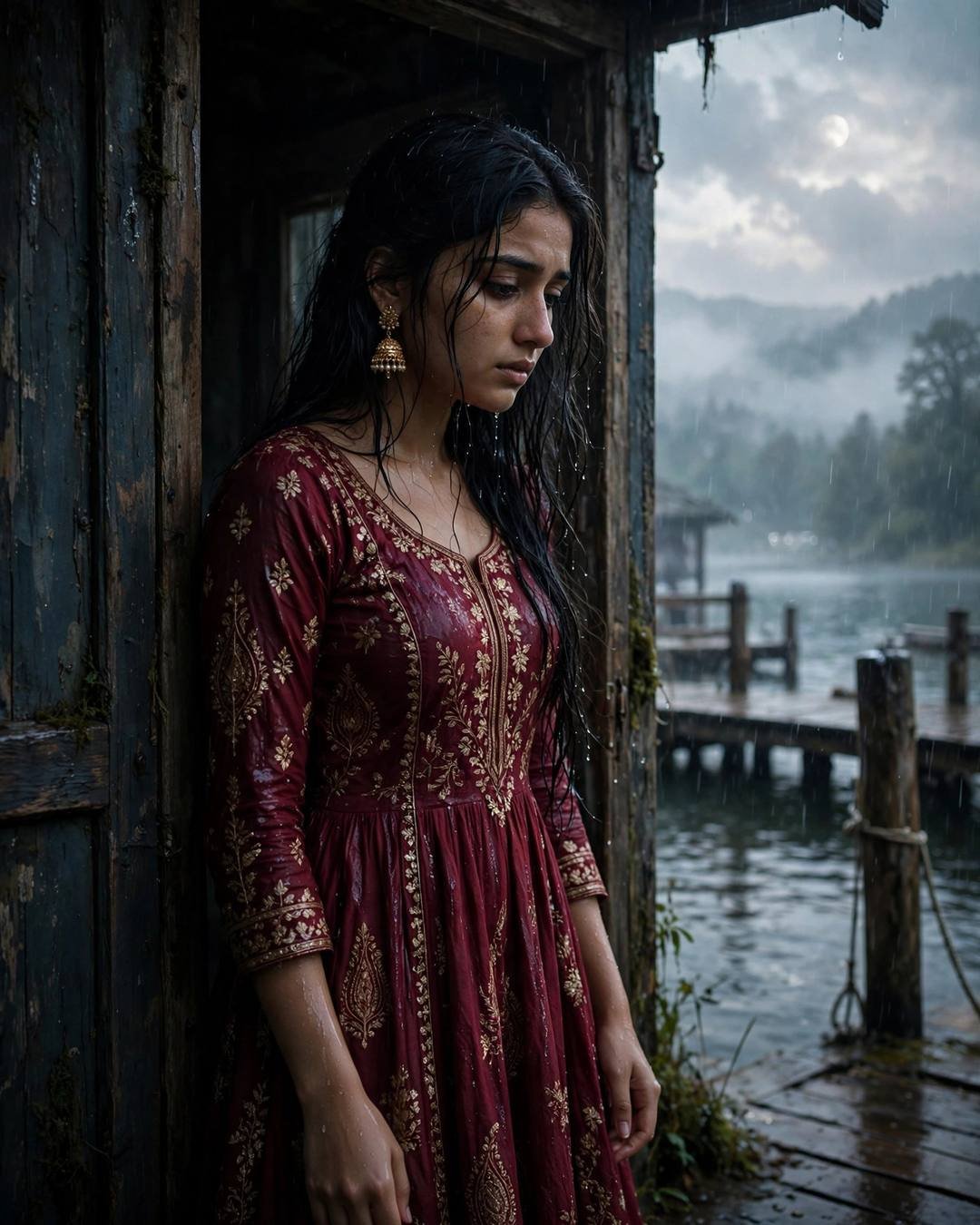 A young Indian woman in a maroon embroidered anarkali with jhumkas stands in a weathered doorway by a moonlit lake pier in the drizzle, half in shadow.