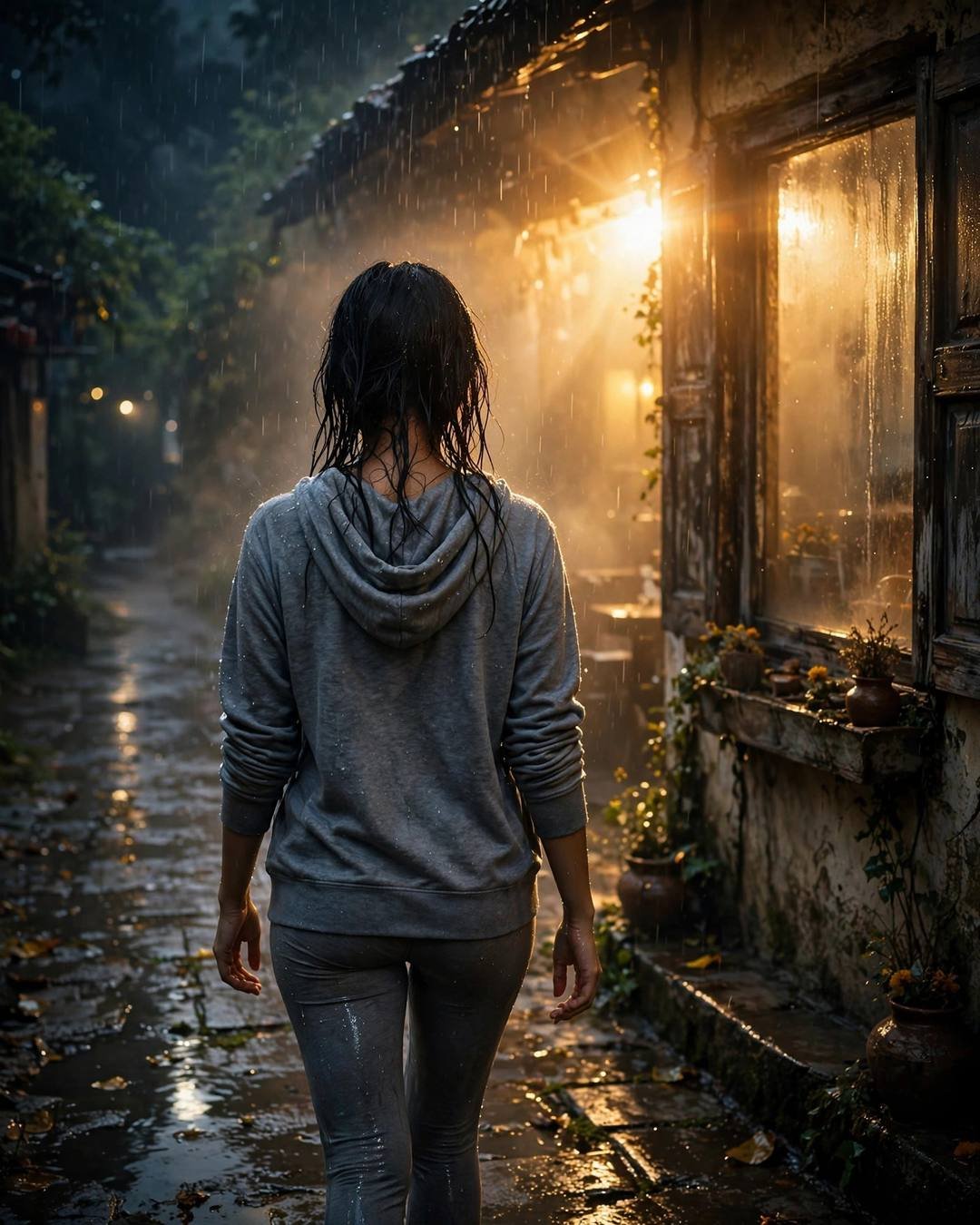 A young woman in a grey hoodie walks away from the camera down a rain-soaked path at night, golden backlight flaring through the drizzle past an old cafe window.