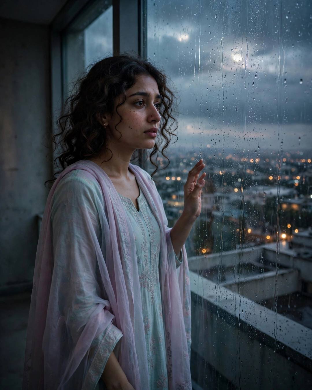 A young Indian woman in a pastel salwar-kameez stands at a rain-streaked window, one hand on the glass, gazing over the sleeping city lights below.
