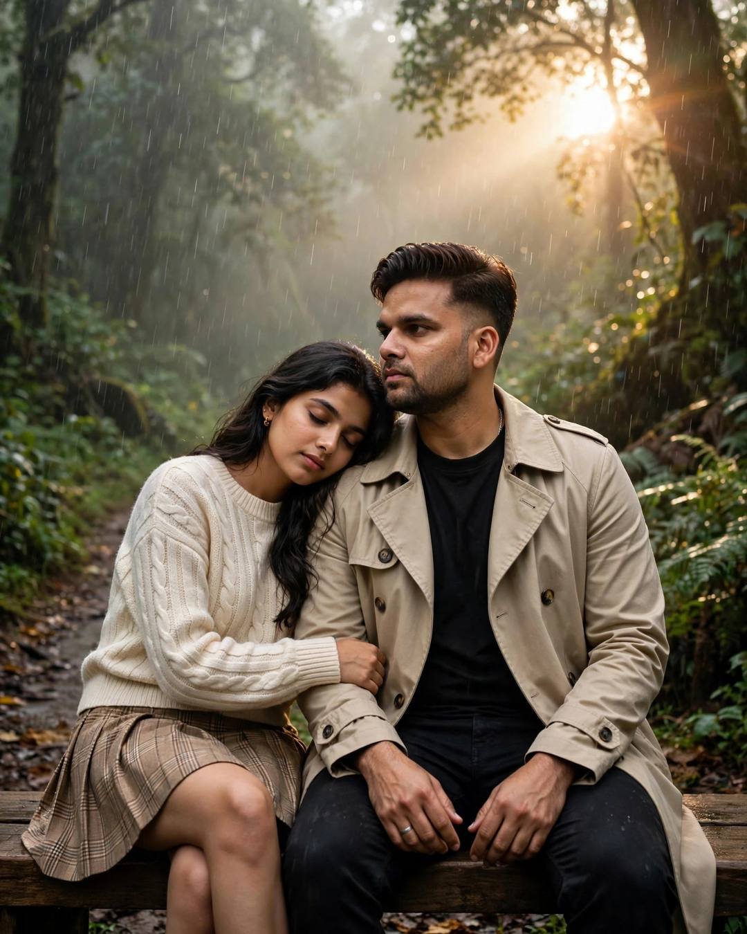 A young couple sits close on a bench in a misty forest — he in a beige trench coat kissing her forehead, she in a cream knit resting her head on his shoulder — golden light flaring through the rain.