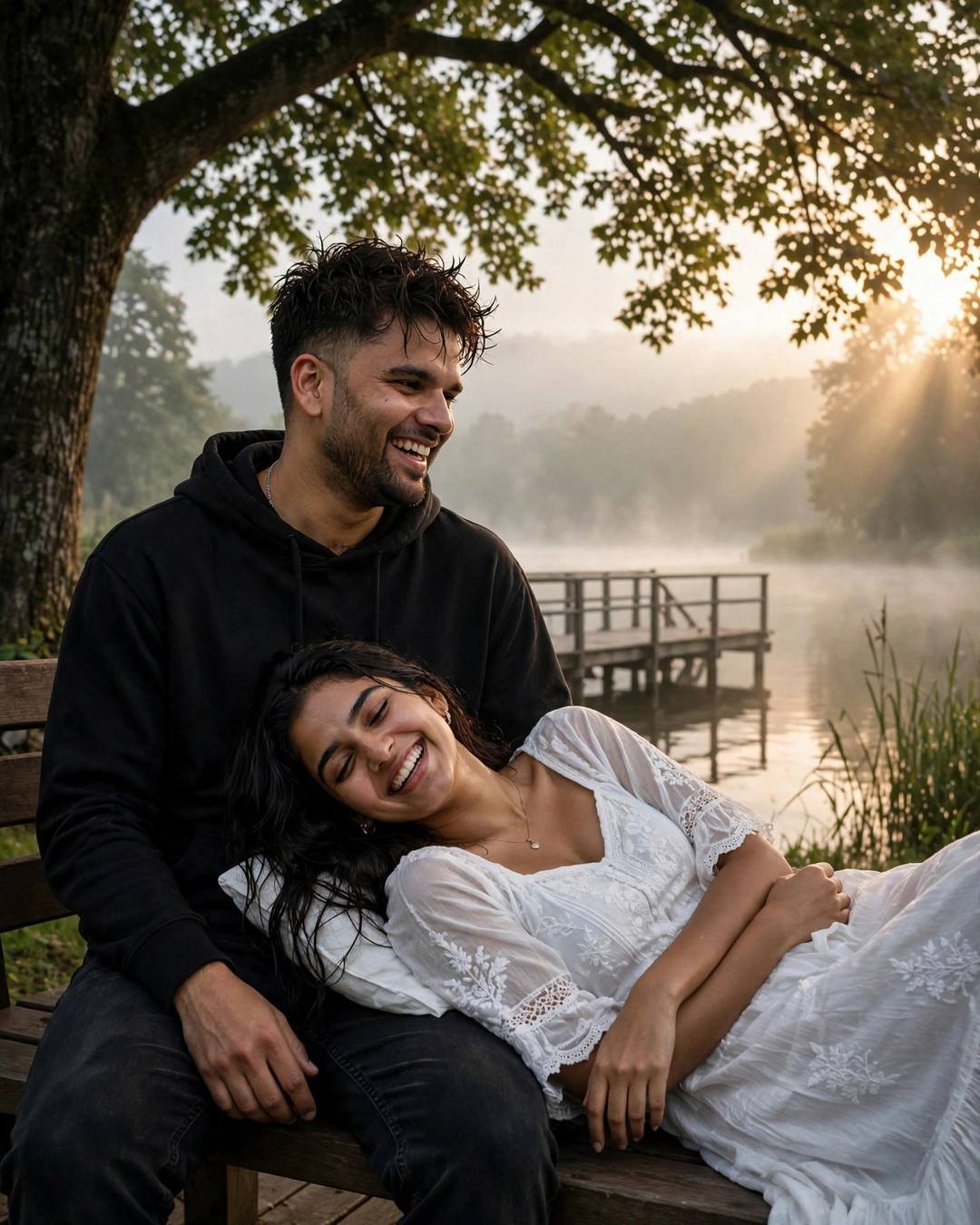 A young couple laughs together on a bench by a misty lake pier at dawn — she with her head in his lap in a white dress, he in a black hoodie — golden light through the mist.