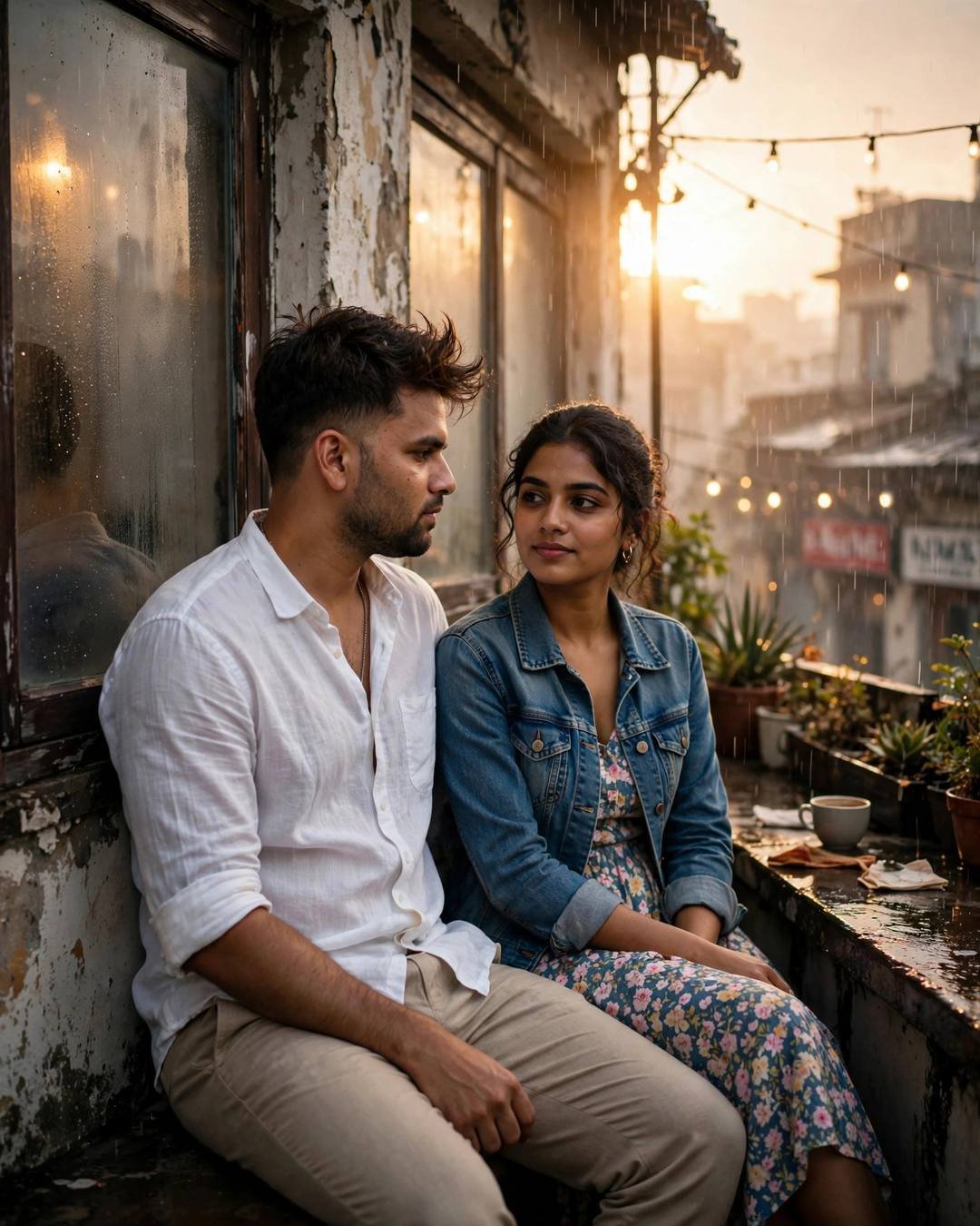 A young Indian couple sits side by side at an old cafe window in the drizzle — he in a white linen shirt, she in a denim jacket — exchanging a final look as golden light flares through the rain.