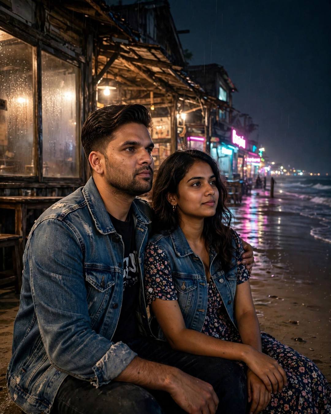 A young couple sits on a beach at midnight — he in a denim jacket with his arm around her, she in a floral dress — neon pink and cyan reflections dancing on the wet sand and waves.