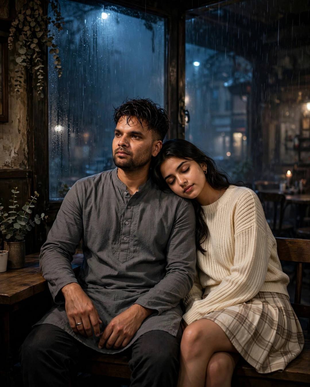 A young couple shares a long embrace on a bench in an old cafe at midnight — he in a grey kurta, she in a cream knit with her head on his shoulder — moonlit rain streaking the windows.