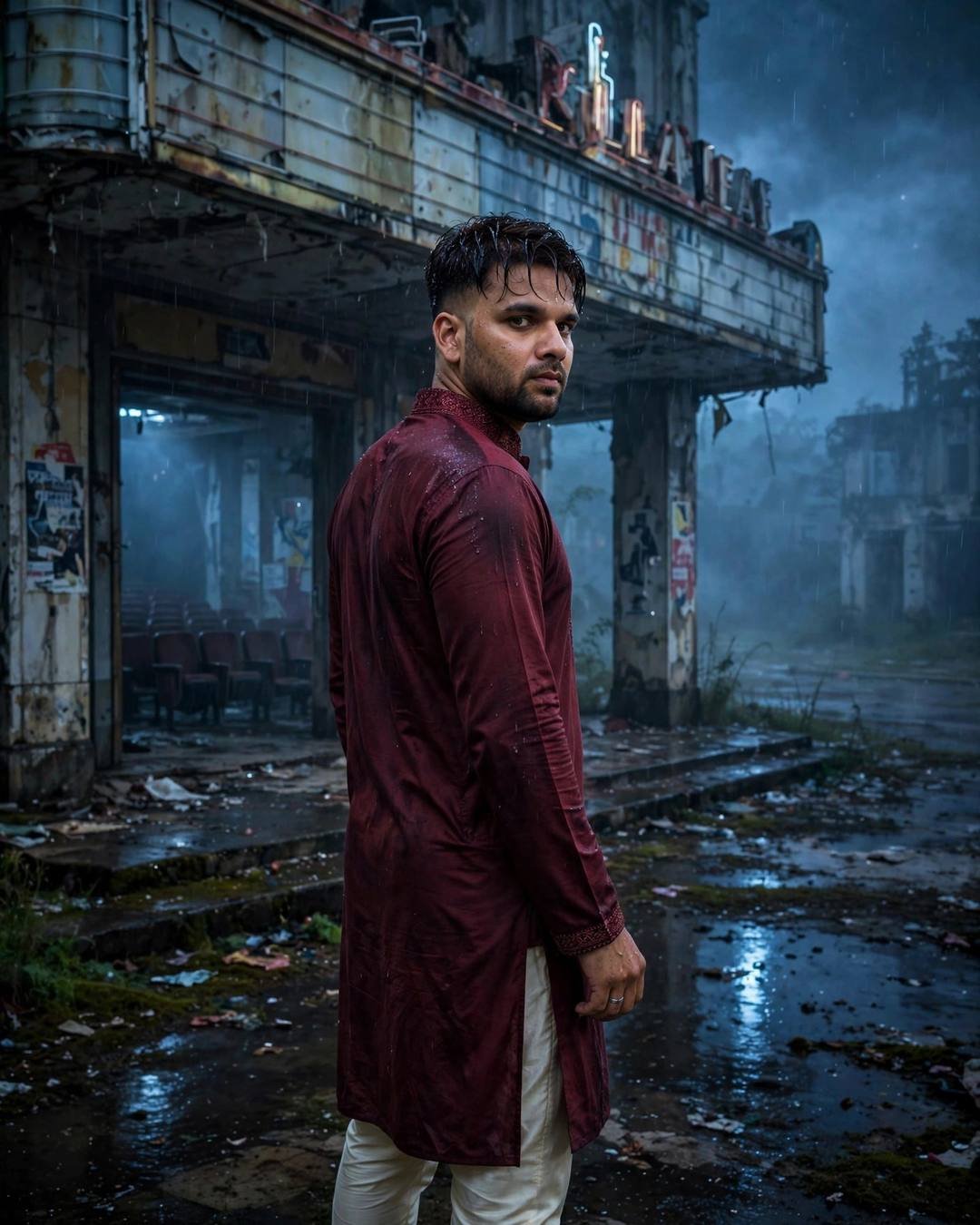 A young Indian man in a maroon kurta stands with his back to the camera before an abandoned cinema hall, looking over one shoulder through the blue-hour fog.