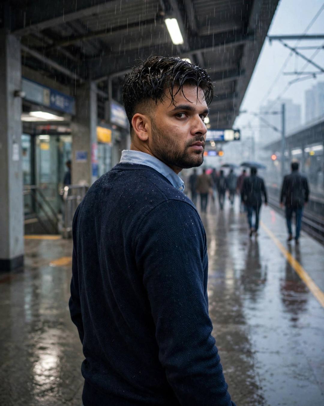 A young Indian man in a navy sweater stands on a rainy metro platform at dawn, back to the camera, looking over one shoulder as the crowd streams past.