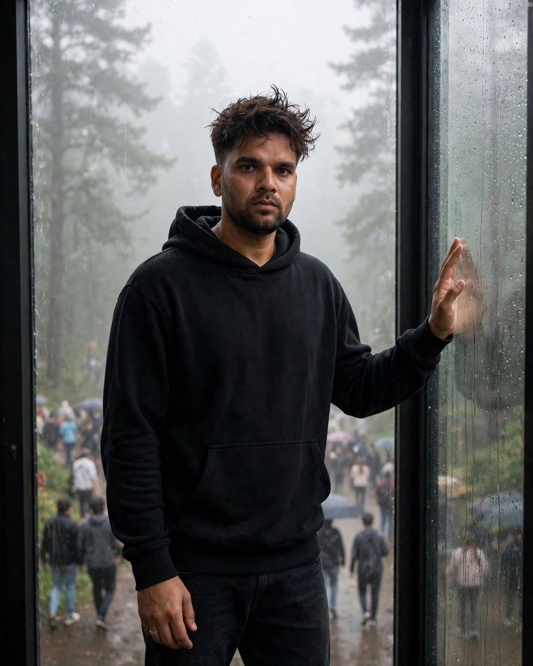 A young Indian man in a black hoodie stands at a rain-streaked window, one hand on the glass, gazing out at the foggy crowd beyond.