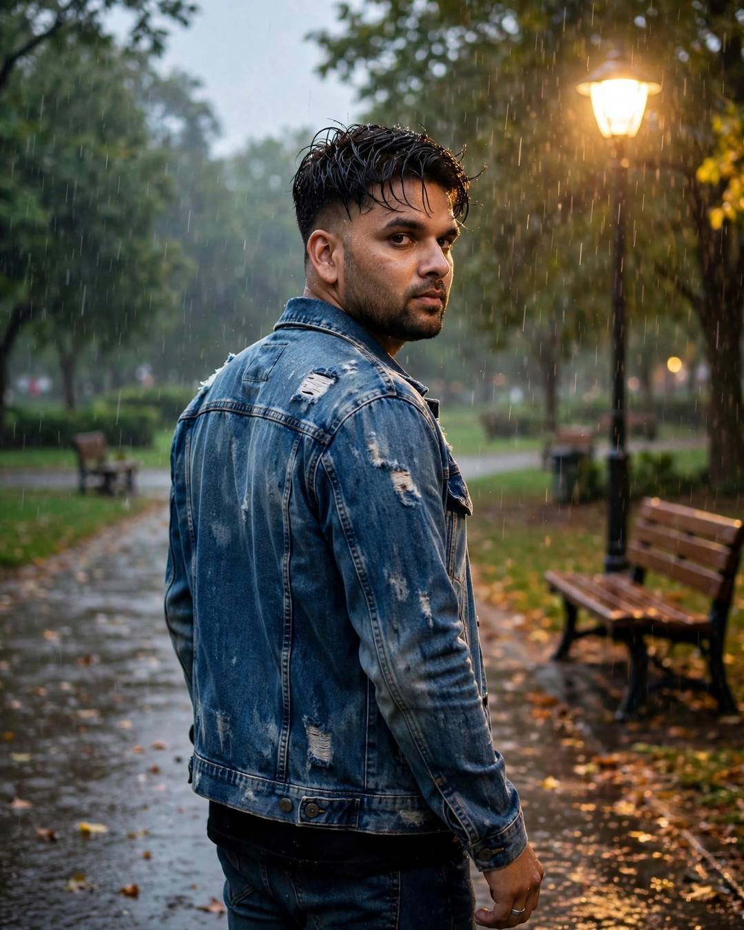 A young Indian man in a distressed denim jacket walks away down a rainy park path, looking over his shoulder at the lone glowing lamp behind him.