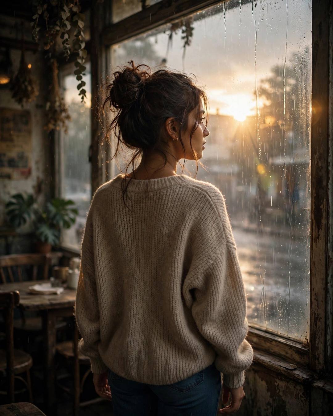 A young Indian woman in an oversized beige sweater stands at an old cafe window, back to the camera, looking over her shoulder as golden light flares through the monsoon rain.