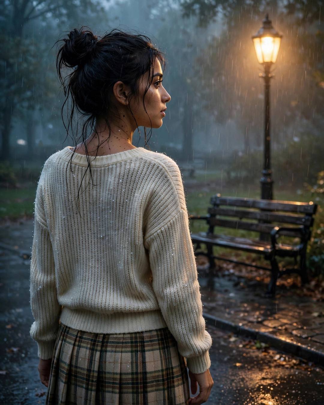A young Indian woman in a cream knit top stands by a park bench under a lone lamp at dawn, back to the camera, looking over her shoulder through the drizzle.