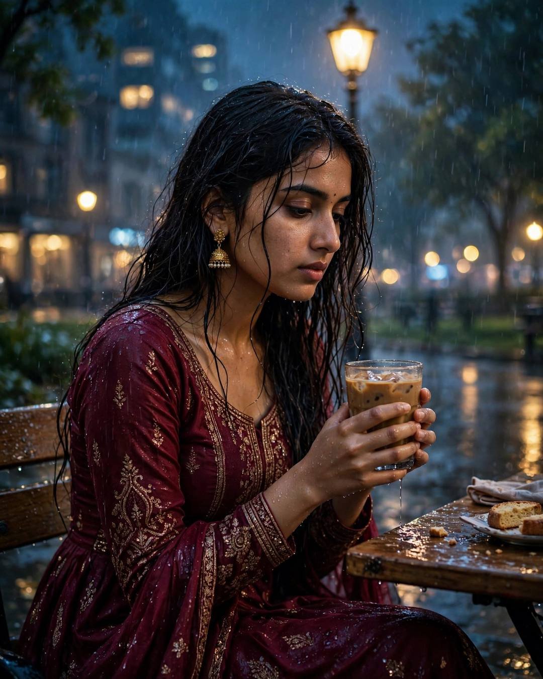 A young Indian woman in a maroon anarkali with jhumkas sits at a rainy cafe table, cradling a cold coffee, wet hair clinging softly, city lights glowing behind.