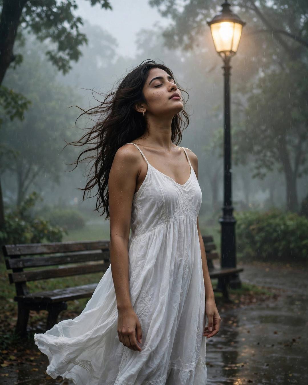 A young Indian woman in a flowing white dress stands under a streetlamp in the rain, face lifted to the sky, hair streaming in the breeze, fog softening the park.
