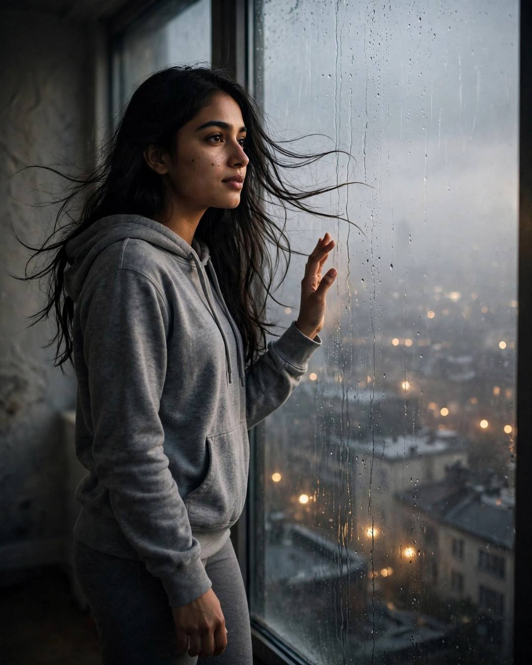 A young Indian woman in a grey hoodie stands at a rain-streaked rooftop window, one hand on the glass, gazing over the foggy sleeping city lights below.