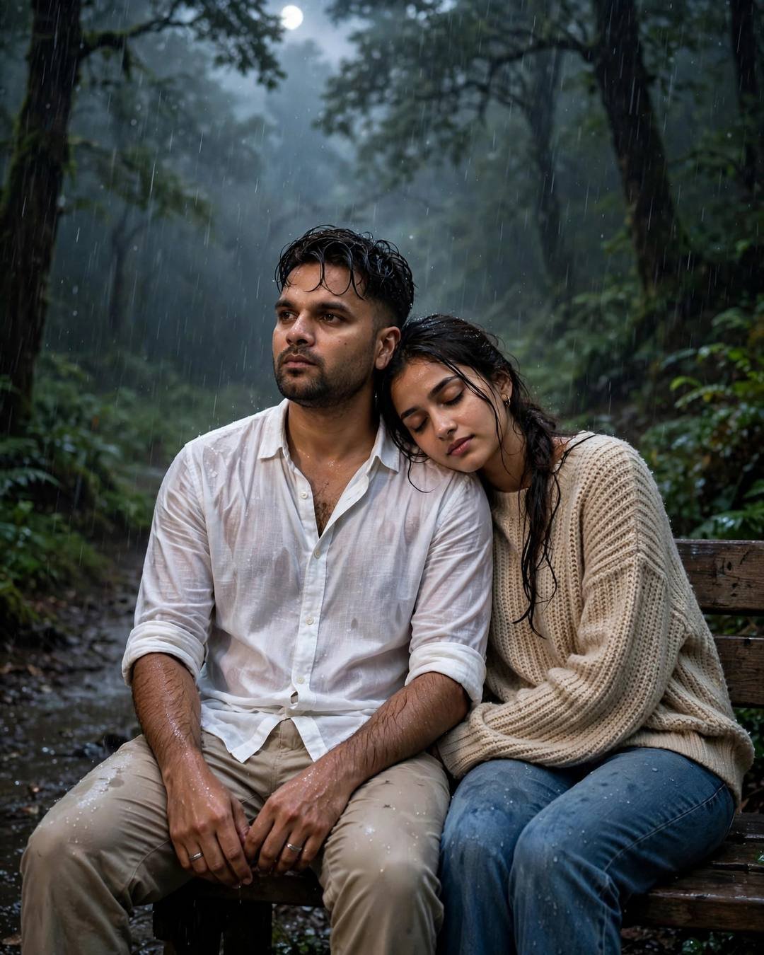 A young couple sits close on a bench in a rainy moonlit forest — he in a white linen shirt, she in a beige sweater with her head on his shoulder — rain falling through the moonbeams.