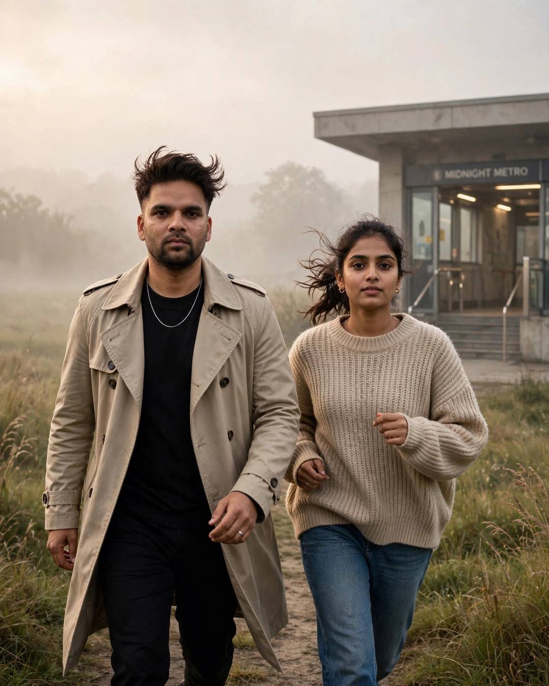 A young Indian couple runs toward each other across a foggy golden field near a metro station — he in a beige trench coat, she in a beige sweater — arms opening for the reunion.