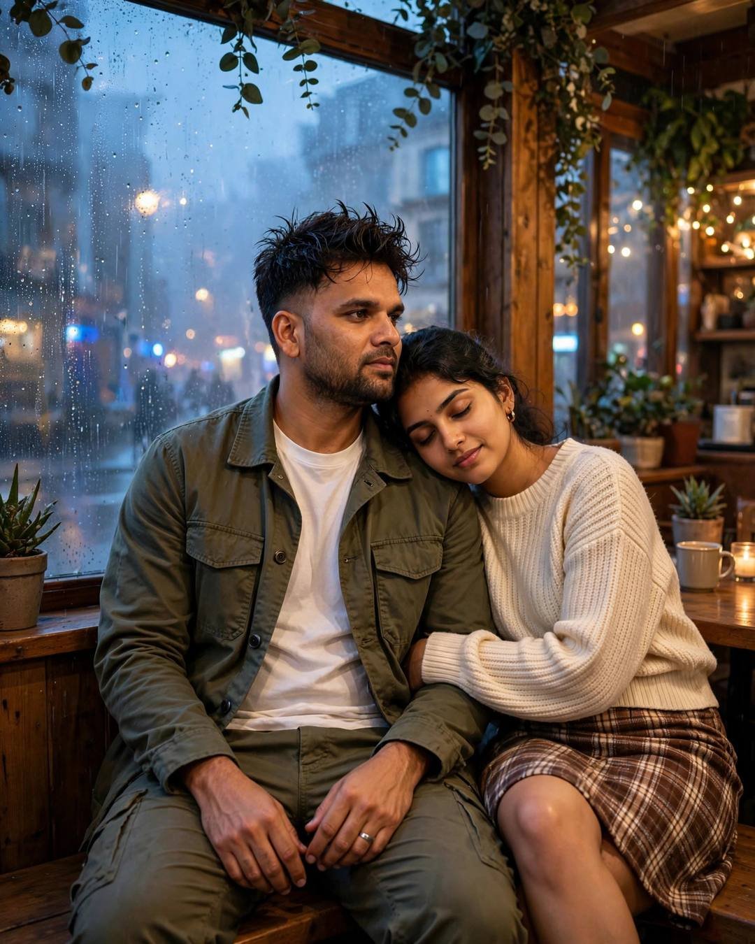 A young couple sits close on a cafe bench at blue hour — he in an olive field jacket, she in a cream knit with her head on his shoulder — rain glowing on the window behind them.