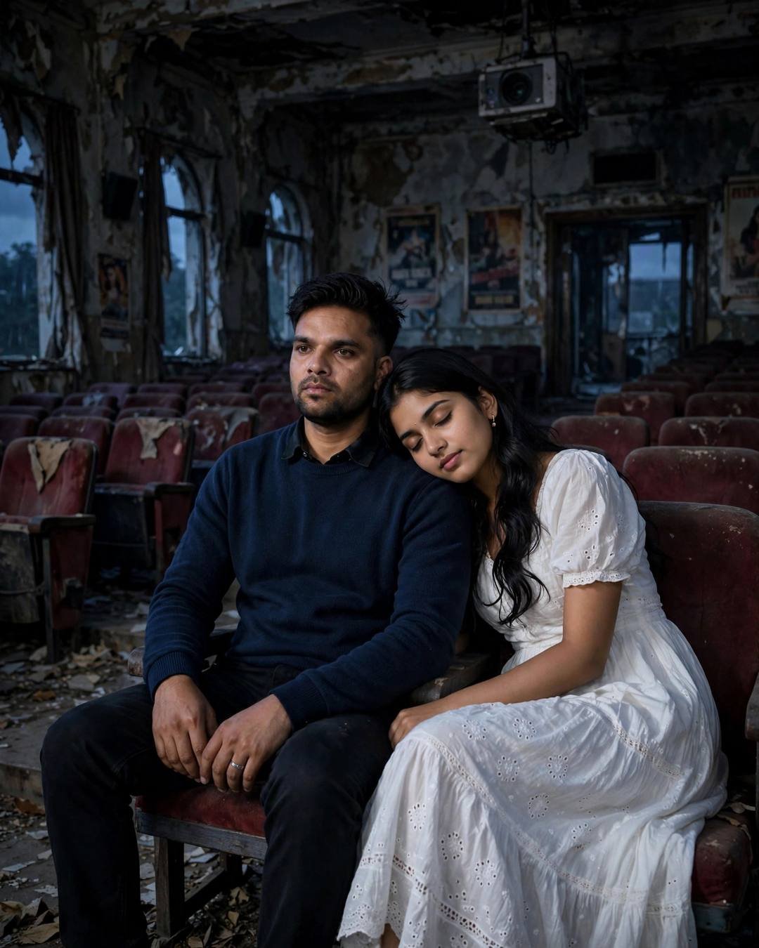 A young couple sits in an abandoned cinema hall — he in a navy sweater, she in a white dress with her head on his shoulder — soft blue light through the broken windows.