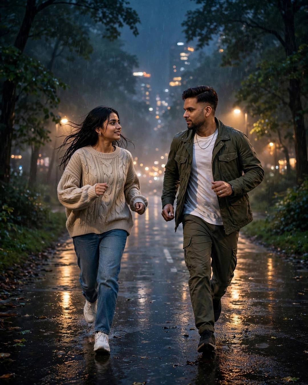 A young Indian couple runs toward each other on a rainy city path at night — he in an olive field jacket, she in a beige sweater — streetlamps glowing gold on the wet street.