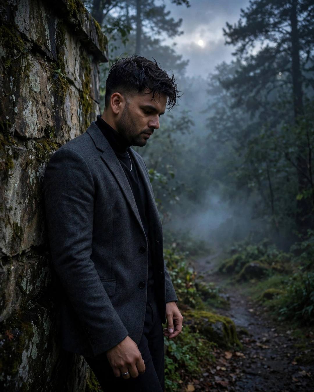 A young Indian man in a charcoal blazer leans against a moss-covered stone wall on a misty forest path, head bowed, pale moonlight filtering through the overcast.